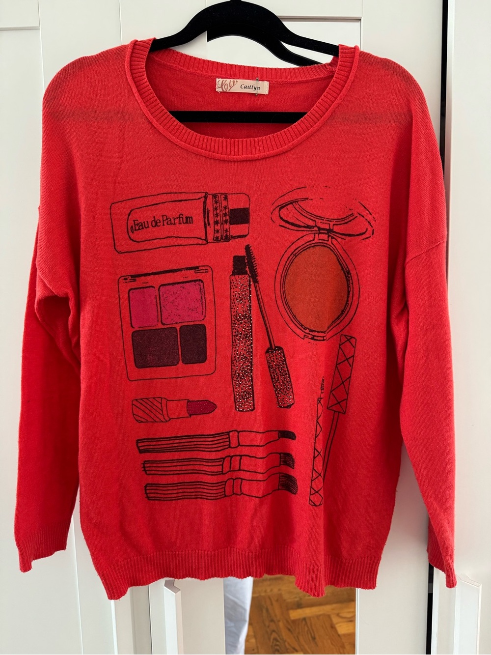 Red Crewneck Makeup-Print Sweater
